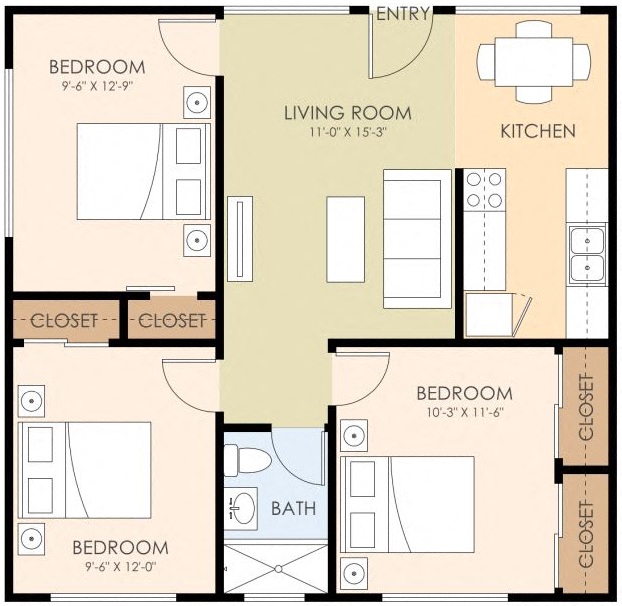 Floor plan for 3 beds, 1 bath, 761 sqft